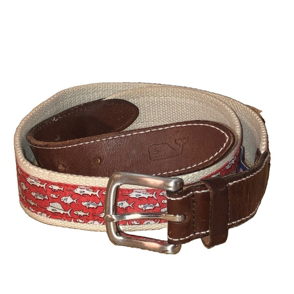 Vineyard Vines Belt Mens 32 Fishing Fish Bones Brass Canvas Leather Pink